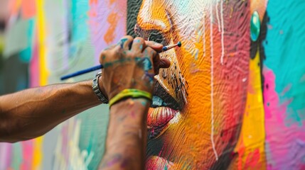 Fototapeta premium Close-up of a street artist painting a mural on a wall.