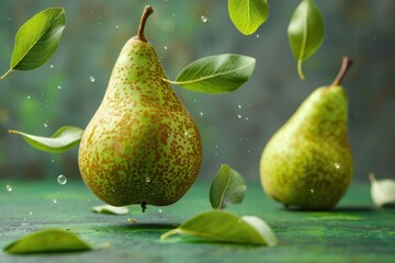 Fresh green pear with falling leaves on green background.