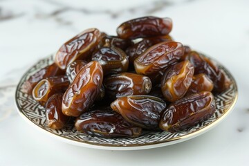 Fototapeta premium Plate with dried dates for Ramadan on white background