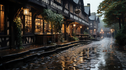 Fototapeta premium traditional pub on a rainy street of an English city, architecture, house, windows, building, England, Great Britain, Scotland, bar, hotel, lights, evening, night, paving stones, European town, puddle
