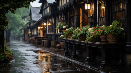 Obraz premium traditional pub on a rainy street of an English city, architecture, house, windows, building, England, Great Britain, Scotland, bar, hotel, lights, evening, night, paving stones, European town, puddle