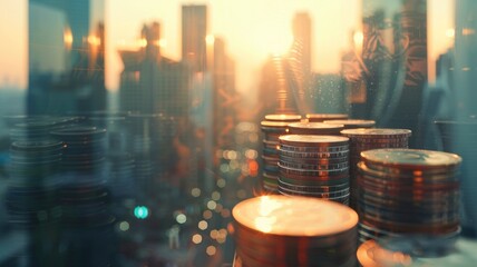 Stacked coins with city skyline in background at sunset