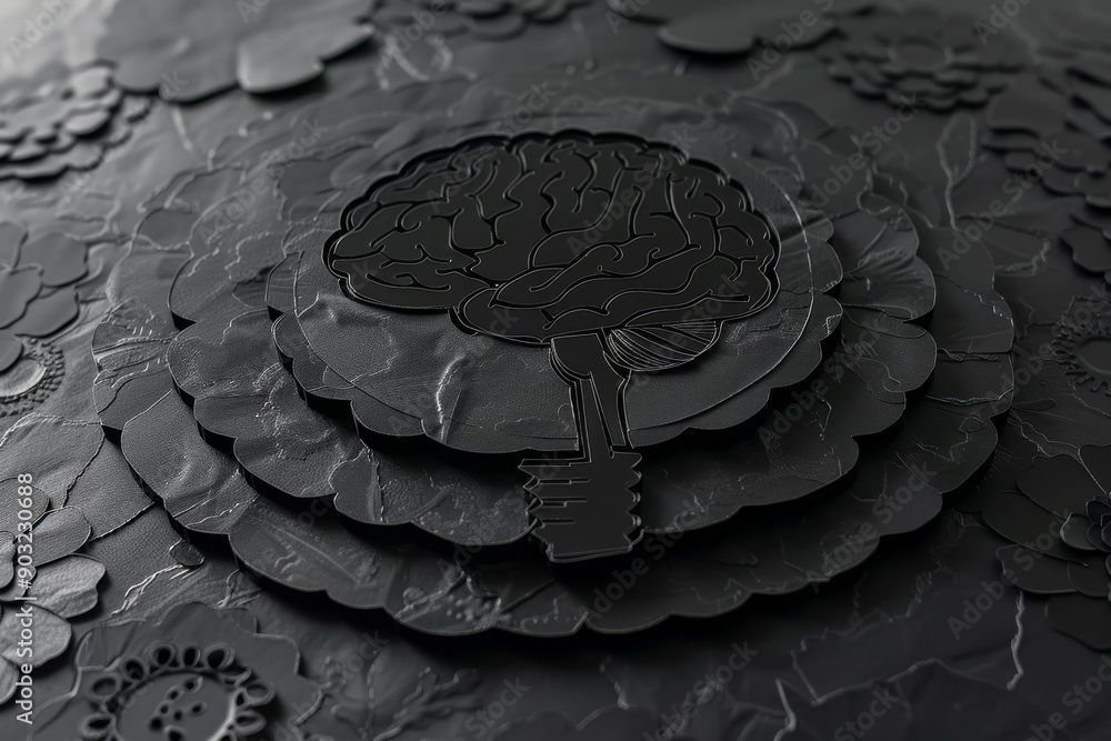 Poster black brain lightbulb on a dark textured background symbolizing intellectual depth and creativity