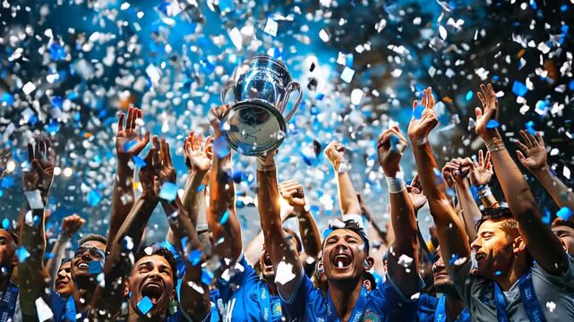 soccer players raising a cup in the air, confettis flying, only hands and cup, blue themed,generative ai
