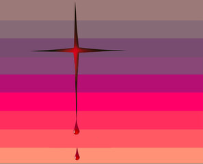 The blood of Christ used in Christian ministry regarding Jesus dying on the cross is seen in droplets on  a cross cut in paper in this very colorful  3-d illustration.