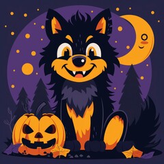 Cute Black Wolf with Jack-O-Lantern for Halloween