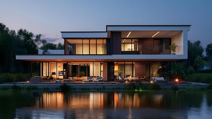 Fototapeta premium 3D rendering of modern house by the river