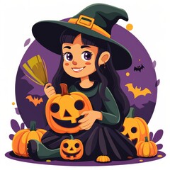 Cute Witch Holding a Jack-o'-Lantern for Halloween