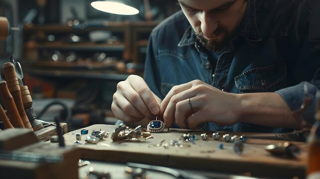 Master jeweler skillfully setting gems