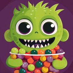 Fototapeta premium Happy Green Monster Holding a Bowl of Colorful Balls