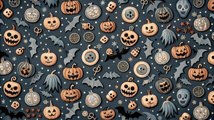 Fototapeta premium Halloween pattern with pumpkins, ghosts, spiders and other holiday attributes
