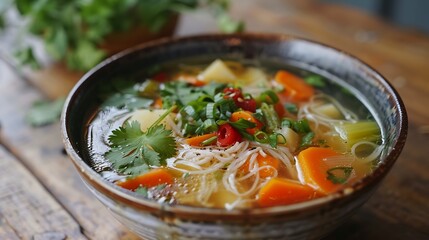 A vibrant bowl of vegetable noodle soup, garnished with fresh cilantro and chili peppers, set against a rustic wooden background. 