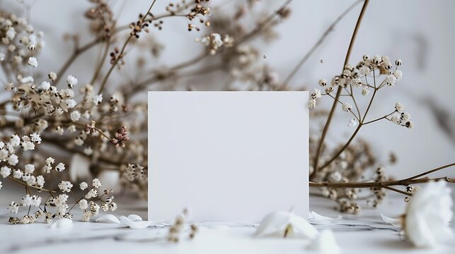 A minimalist flat lay display featuring a blank white card surrounded by delicate dried flowers, perfect for invitations or announcements. 