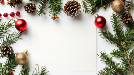 Fototapeta premium Christmas themed composition with blank card and ornaments against white backdrop