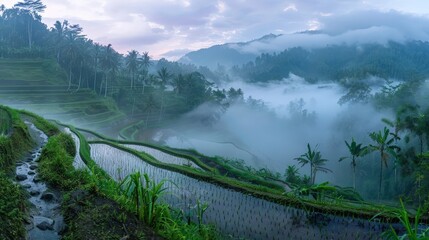 Tranquil rice terrace landscape in Asia, early morning mist