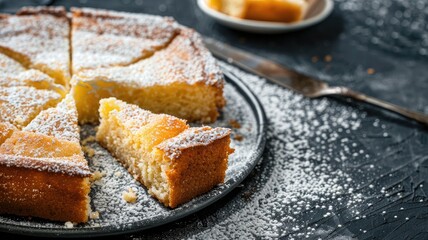 Sliced, powdered sugar-coated cake on dark background