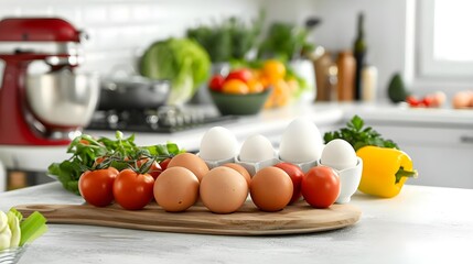 Assorted fruits, vegetables, and eggs arrangement on white table