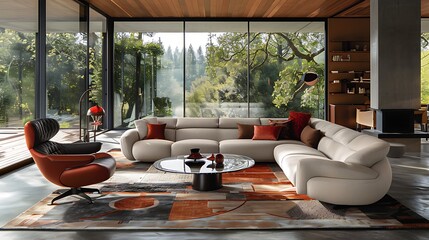 Fototapeta premium A modern living room featuring a stylish curved sofa, armchair, and a beautiful view of nature through large glass windows, creating a serene and sophisticated ambiance.