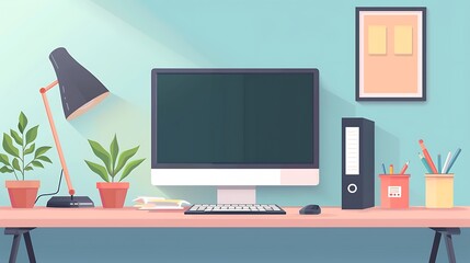 A modern and minimalistic home office setup featuring a computer, desk lamp, potted plants, and organized stationery on a wooden desk. 