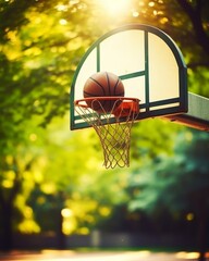 Basketball Swish Close-Up Of Ball Going Into Hoop With Sunlit Green Background In Park