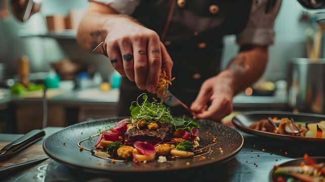 Chef garnishing an exquisite plate of food