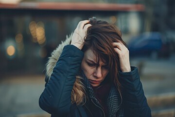 Fototapeta premium Woman With Long Brown Hair Holding Her Head in Stressful Outdoor Setting During Daylight Hours