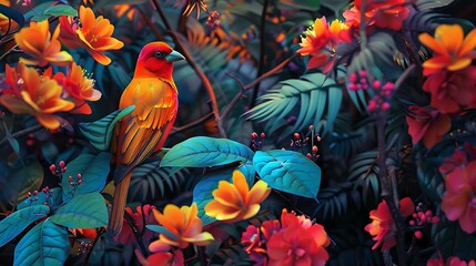 Fototapeta premium A vibrant bird perched among colorful tropical flowers and lush greenery creates a stunning natural scene. 