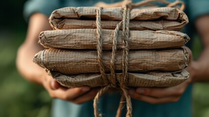 Close-up of hands holding four packages tied with rope. The packages are made of rough, textured...