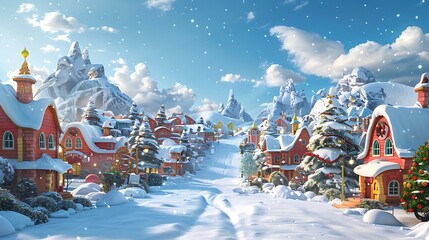 A whimsical winter village blanketed in snow with charming colorful houses, decorated trees, and a picturesque mountainous backdrop. 