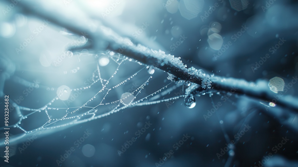 Poster an artistic image of a dew-covered spider web on a branch, capturing intricate details and delicate 