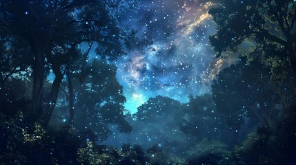 Fototapeta premium Enchanted nighttime forest landscape with celestial elements