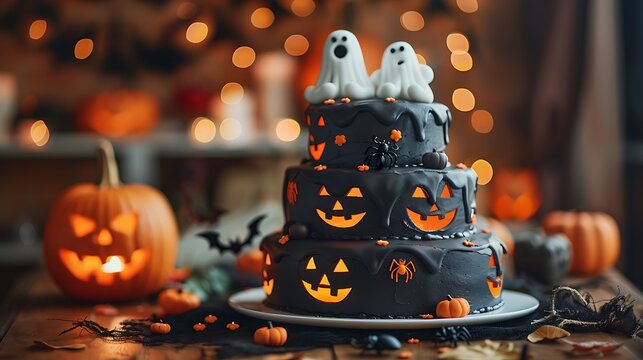 A three-tiered Halloween-themed cake featuring spooky ghost toppers, glowing jack-o'-lanterns, and festive decorations, set against a softly lit backdrop. 