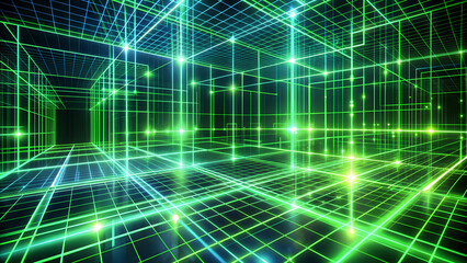 Obraz premium Futuristic digital grid background, high-tech and modern with glowing green and blue lines