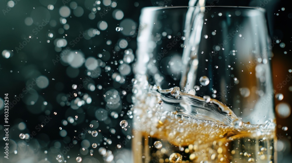Poster a captivating close-up of a golden bubbly beverage being poured into a glass, with dynamic splash an