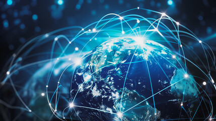 Digital technology speed connect blue green and cyber security network using interconnected nodes  on world map, nan information, abstract communication, innovation future tech data, internet netwok.