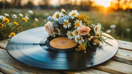 Musical record with flowers, against the background of nature