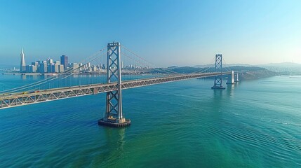 Aerial view of the Bay Bridge in San Francisco CA spanning across the bay with the city skyline