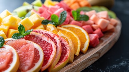 A visually appealing selection of sliced fruits, accompanied by fresh mint leaves, showcases a healthy and refreshing option for snacking or garnishing dishes.