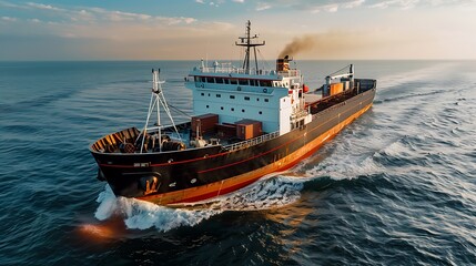 Obraz premium A large cargo ship navigates through calm waters under a vibrant sky, showcasing maritime transport and trade. 