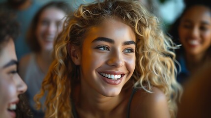 Fototapeta premium A close-up of a young woman with curly hair smiling brightly amidst a group of friends in a lively social setting, conveying joy and connection. 