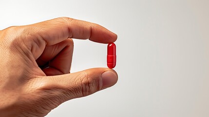 A hand holding a single red capsule against a neutral background symbolizes health and wellness. 
