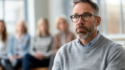 A man with glasses looking serious and thoughtful in a bright interior setting, implying introspection, contemplation, and a deep focus possibly in a group discussion or a seminar.