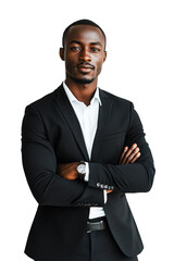 An African businessman in a black suit. Isolated and transparent