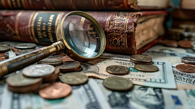 A close-up view of a magnifying glass resting on a pile of cash and old books, symbolizing financial investigation and research.