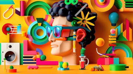 A colorful collage of shapes and objects with a man's face in the center