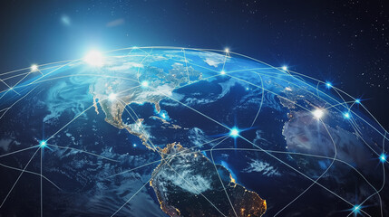 Digital technology speed connect blue green and cyber security network using interconnected nodes  on world map, nan information, abstract communication, innovation future tech data, internet netwok.