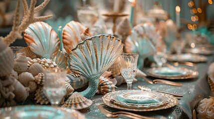 A beautifully arranged coastal-themed dining table featuring seashell decor and elegant dishware, perfect for summer events and beach weddings.