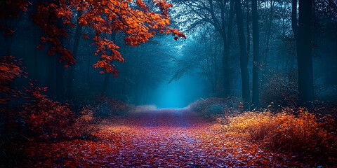 mysterious forest pathway, twilight ambiance, enchanting autumn leaves, emotional depth, natural beauty, versatile usage in marketing, tourism, mental health, copy space available