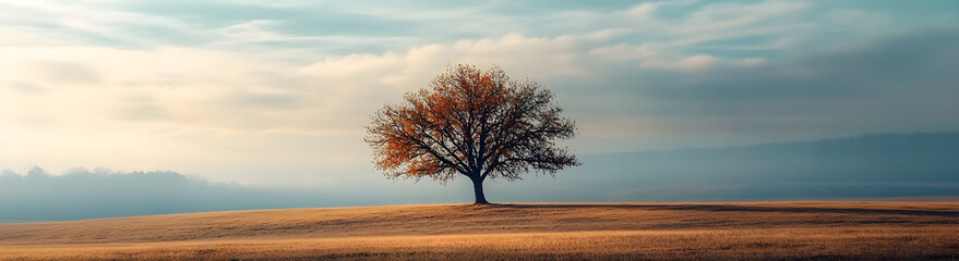 Fototapeta premium Lonely autumn tree silhouette, dried grass field, serene landscapes, tranquil nature beauty, emotional solitude, perfect for marketing, education, wellness, copy space for text,...