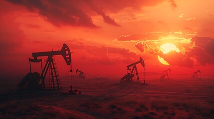 A dramatic sunset illuminates a landscape dotted with oil pumps, highlighting the intersection of nature and industry.